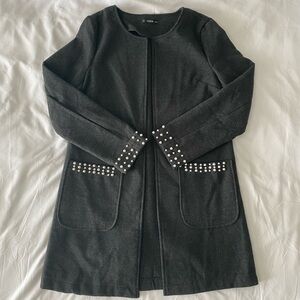 Grey Open Placket Coat With Pearl Beaded Detail